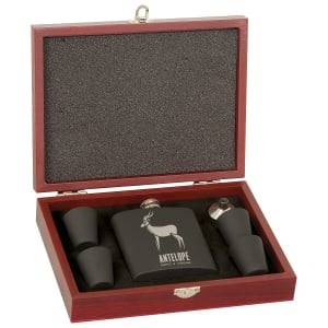 FSK12 - 6 oz. Matte Black Laserable Stainless Steel Flask Set in Wood Presentation Box