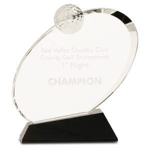 CRY013L - 7 1/4" Clear Crystal Oblong Golf Award on Black Crystal Base