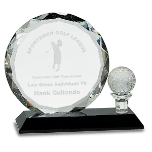 CRY026L - 6 1/2" Round Facet Crystal with Golf Ball on Black Pedestal Base