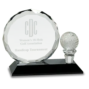 CRY026S - 5 1/2" Round Facet Crystal with Golf Ball on Black Pedestal Base