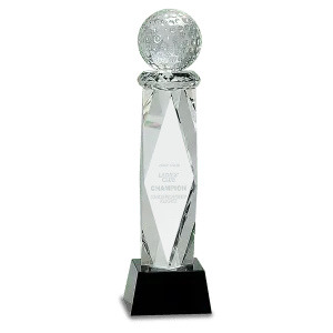 CRY058M - 10 3/4" Clear Crystal Golf Ball on Facet Column w/Black Base