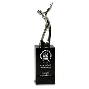 CRY145S - 8 1/2" Silver Metal Golf Figure on Black Crystal Pedestal