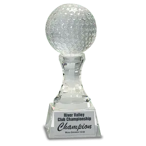 CRY151 - 7 3/4" Crystal Golf Ball on Clear Pedestal Base