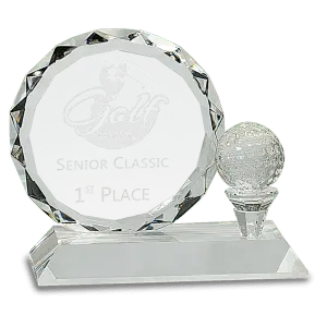 CRY161 - 5 1/4" Round Facet Crystal with Golf Ball on Clear Pedestal Base