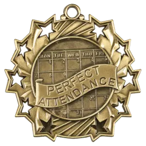 TS511G - 2 1/4" Antique Gold Perfect Attendance Ten Star Medal