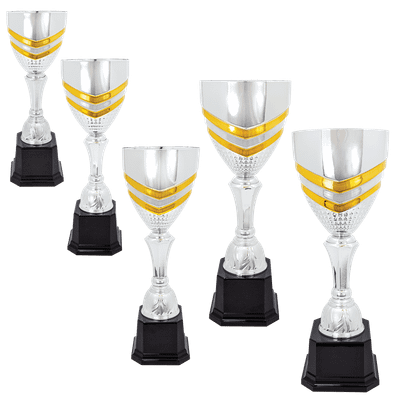 Completed Gold Striped Metal Cup Trophy on Plastic Base