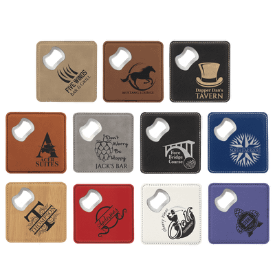 4" x 4" Square Laserable Leatherette Coaster with Bottle Opener