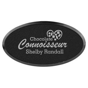 3" x 1 1/2" Black/Silver Laserable Leatherette Oval Badge & Frame - BDG209