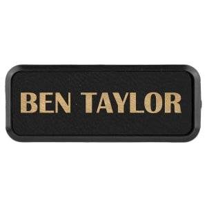 3" x 1" Black/Gold Laserable Leatherette Round Corner Badge & Frame - BDG233