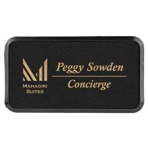 3" x 1 1/2" Black/Gold Laserable Leatherette Round Corner Badge & Frame - BDG263