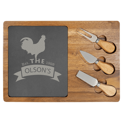 13 3/4" x 9 3/4" Acacia Wood/Slate Rectangle Cheese Set with Three Tools