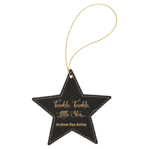 Black/Gold Laserable Leatherette Star Ornament with Gold String - GFT1063