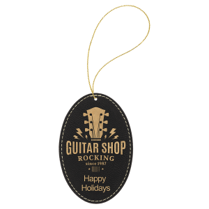 Black/Gold Laserable Leatherette Oval Ornament with Gold String - GFT1078