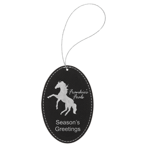 Black/Silver Laserable Leatherette Oval Ornament with Silver String - GFT1082