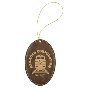 Rustic/Gold Laserable Leatherette Oval Ornament with Gold String - GFT1083