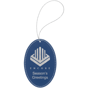 Blue/Silver Laserable Leatherette Oval Ornament with Silver String - GFT1084