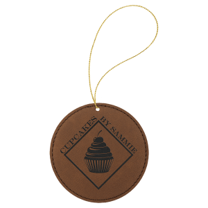 Dark Brown Laserable Leatherette Round Ornament with Gold String - GFT1092