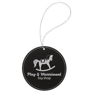 Black/Silver Laserable Leatherette Round Ornament with Silver String - GFT1097