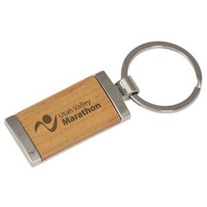 7/8" x 1 7/8" Silver/Wood Laserable Rectangle Keychain - GFT135