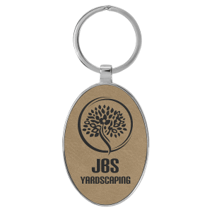 3" x 1 3/4" Laserable Leatherette/Metal Light Brown Oval Keychain - GFT2150