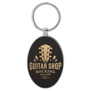 3" x 1 3/4" Laserable Leatherette/Metal Black/Gold Oval Keychain - GFT2152