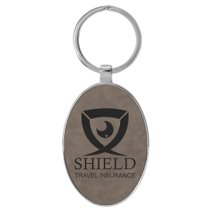 3" x 1 3/4" Laserable Leatherette/Metal Gray Oval Keychain - GFT2154