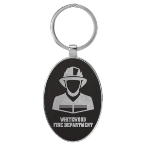3" x 1 3/4" Laserable Leatherette/Metal Black/Silver Oval Keychain - GFT2156