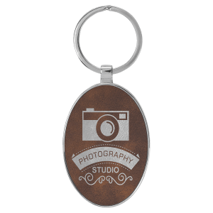 3" x 1 3/4" Laserable Leatherette/Metal Rustic/Silver Oval Keychain - GFT2157