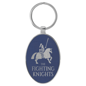 3" x 1 3/4" Laserable Leatherette/Metal Blue/Silver Oval Keychain - GFT2159