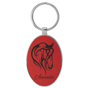 3" x 1 3/4" Laserable Leatherette/Metal Red Oval Keychain - GFT2161