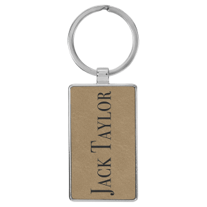 2 3/4" x 1 1/4" Laserable Leatherette/Metal Light Brown Rectangle Keychain - GFT2170