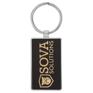 2 3/4" x 1 1/4" Laserable Leatherette/Metal Black/Gold Rectangle Keychain - GFT2172