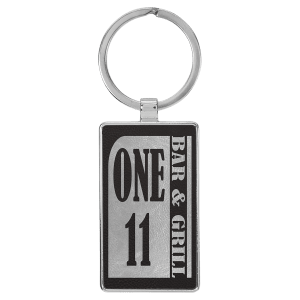 2 3/4" x 1 1/4" Laserable Leatherette/Metal Black/Silver Rectangle Keychain - GFT2176