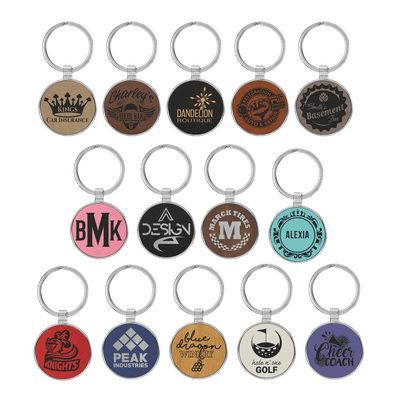 1 1/2" Laserable Leatherette/Metal Round Keychain