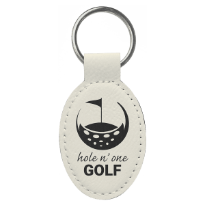 3" x 1 3/4" White Laserable Leatherette Oval Keychain - GFT2370