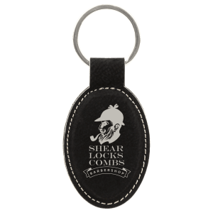 3" x 1 3/4" Black/Silver Laserable Leatherette Oval Keychain - GFT601