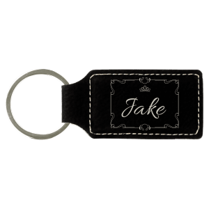 2 3/4" x 1 1/4" Black/Silver Laserable Leatherette Rectangle Keychain - GFT602