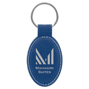 3" x 1 3/4" Blue/Silver Laserable Leatherette Oval Keychain - GFT830