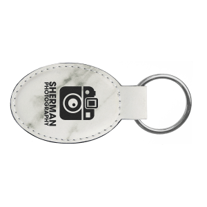 3" x 1 3/4" White Marble Laserable Leatherette Oval Keychain - GFT862