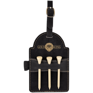 5" x 3 1/4" Black/Gold Laserable Leatherette Golf Bag Tag with 3 Wooden Tees - GFT2025