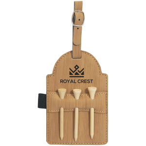 5" x 3 1/4" Bamboo Laserable Leatherette Golf Bag Tag with 3 Wooden Tees - GFT2032