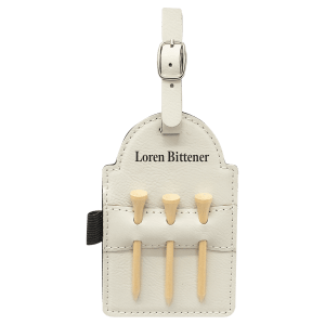 5" x 3 1/4" White Laserable Leatherette Golf Bag Tag with 3 Wooden Tees - GFT2033