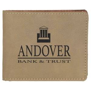 4 1/2" x 3 1/2" Light Brown Laserable Leatherette Bifold Wallet - GFT189