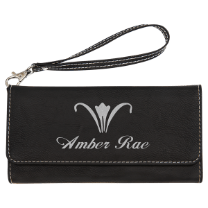 7 1/2" x 4" Black/Silver Laserable Leatherette Wallet with Strap - GFT2138