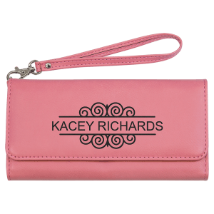 7 1/2" x 4" Pink Laserable Leatherette Wallet with Strap - GFT2139