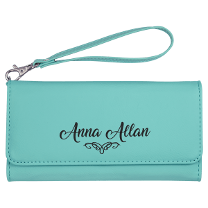 7 1/2" x 4" Teal Laserable Leatherette Wallet with Strap - GFT2140