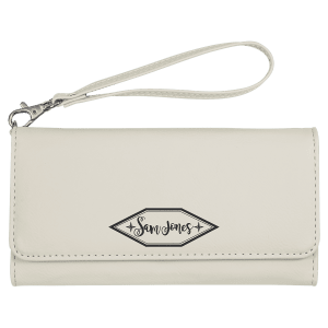 7 1/2" x 4" White Laserable Leatherette Wallet with Strap - GFT2143